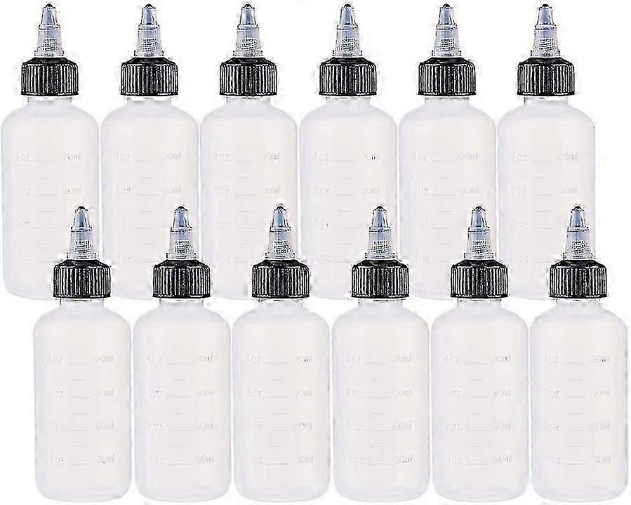 12 Pack 4 Ounce Plastic Squeeze Dispensing Bottles with Black Twist Cap and Measurement Open/Close Nozzle - Good for Crafts Art Glue Multi Purpose