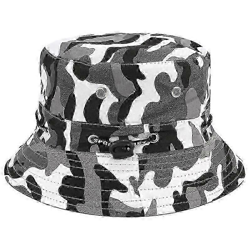 sun cap with wide brim with chin strap, side press studs and ventilation openings(White camouflage)