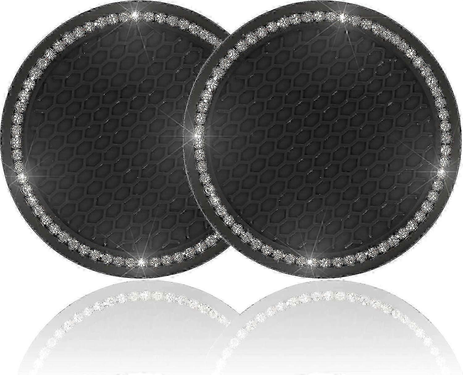 Anti-Slip Rhinestone Car Cup Holder Coasters - 2 Pack Black Inserts for Auto Interior Decoration & Protection