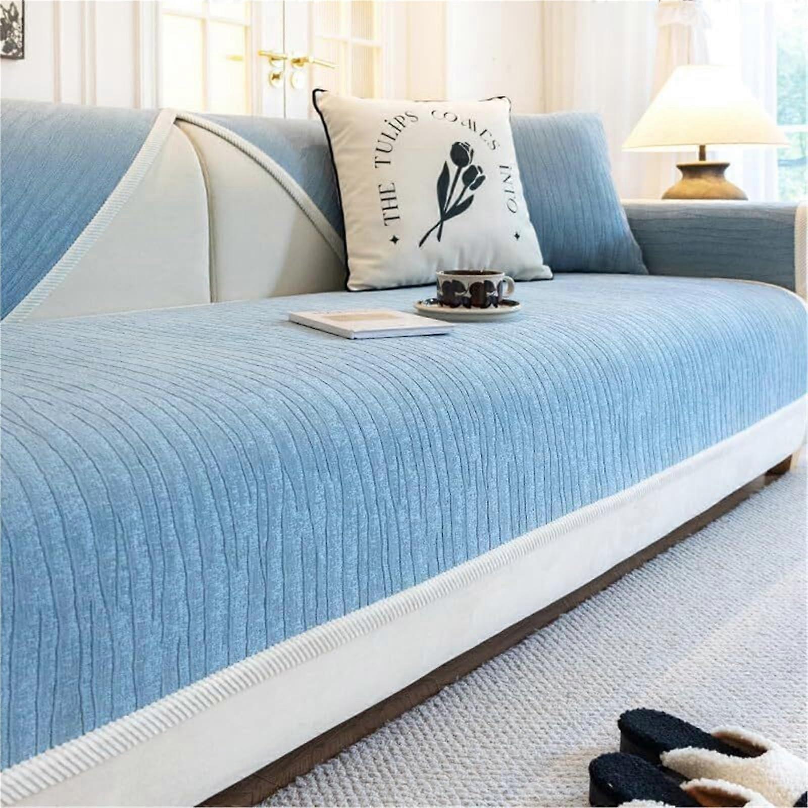 Luxury Chenille Sofa Cover NonSlip Striped Protector (Wasky Blue)
