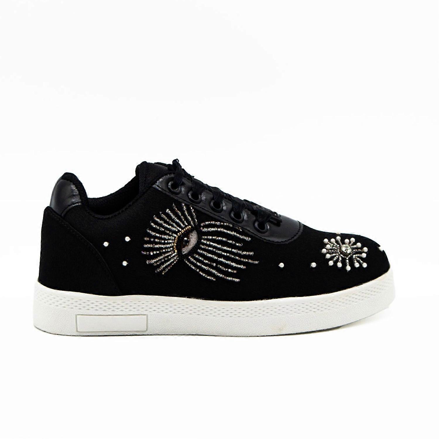 River luxury black satin handmade embellished tennis shoe