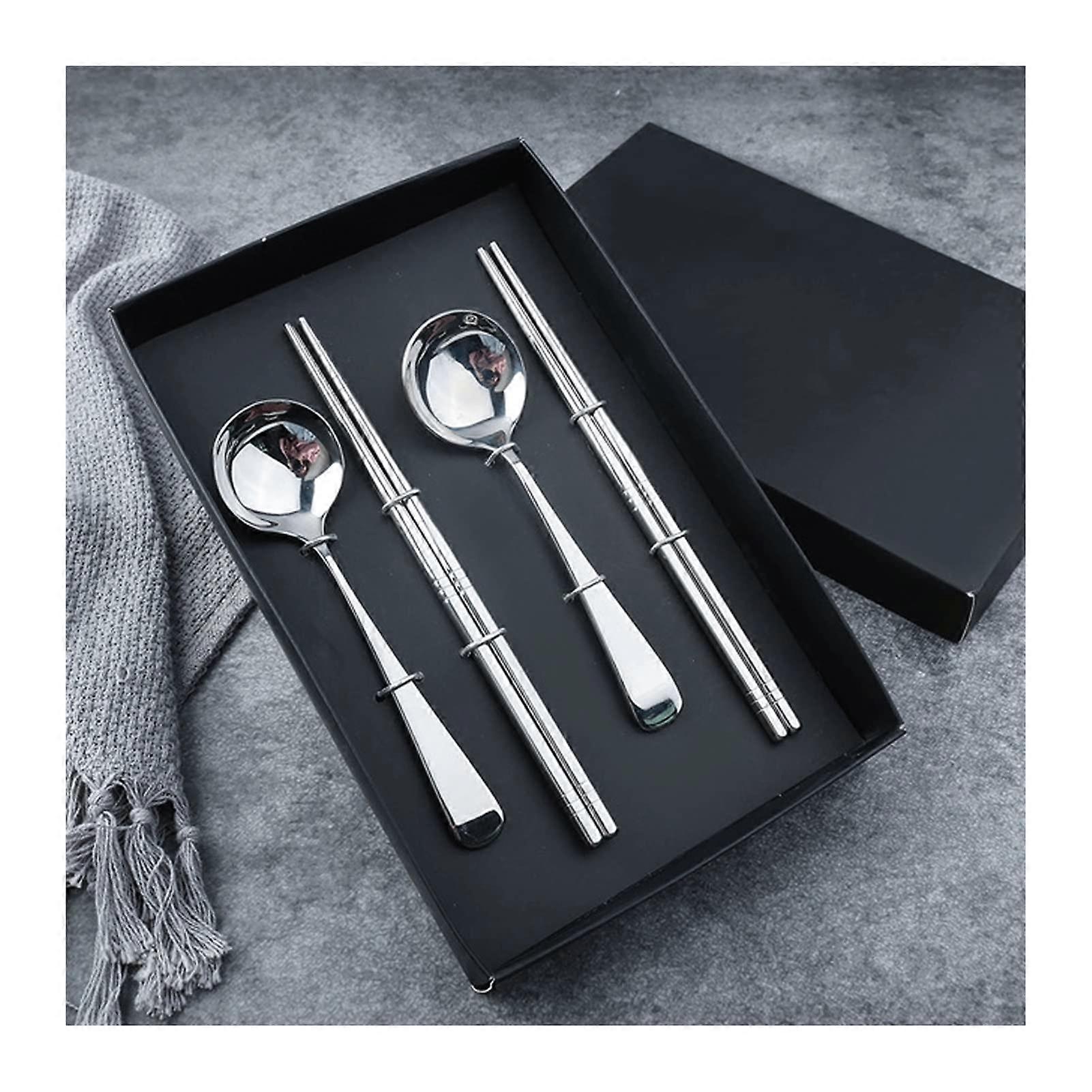 Bulk Spoons Set 304 Stainless Steel Round Head Small Spoons FourPiece Chinese Chopsticks Gift Box Color Silver