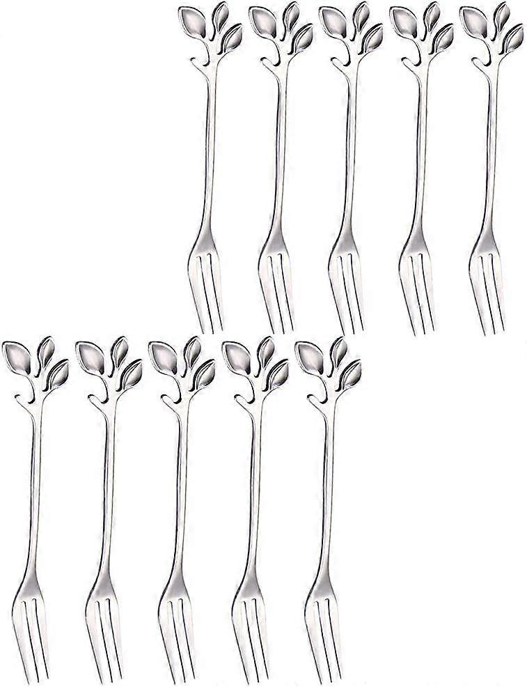 10 Appetizer Forks Creative Leaf Dessert Fork Fruit Cake Fork Stainless Steel Silver G