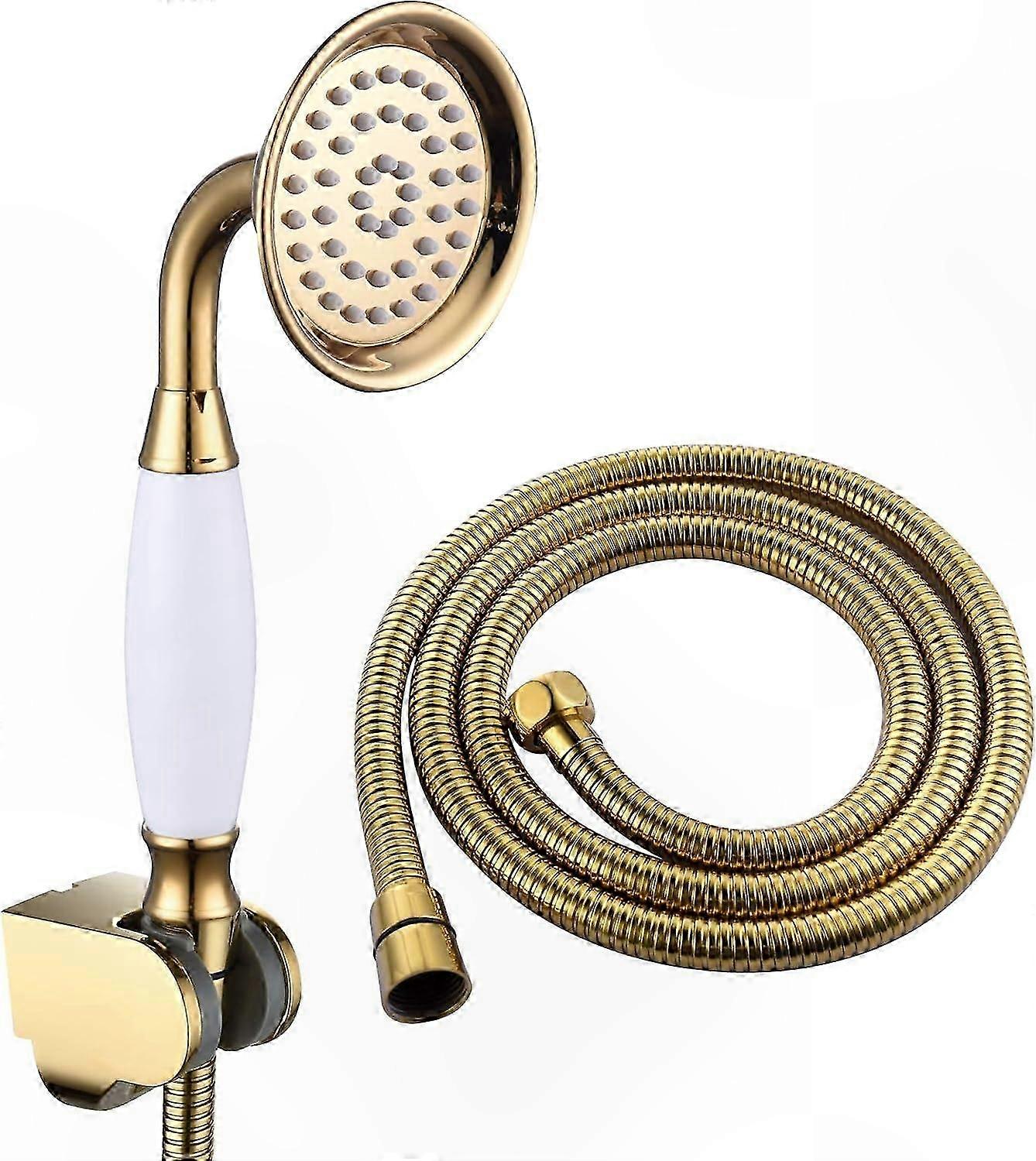 High-Pressure Brass Handheld Showerhead with Hose and Holder, 1/2 Inch Connection, Gold Finish