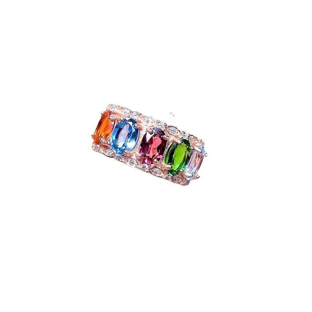 Imitation Natural Multi-Gemstone Ring, Women's Open Adjustable Multi-Color Copper CZ Inlaid Stackable Ring