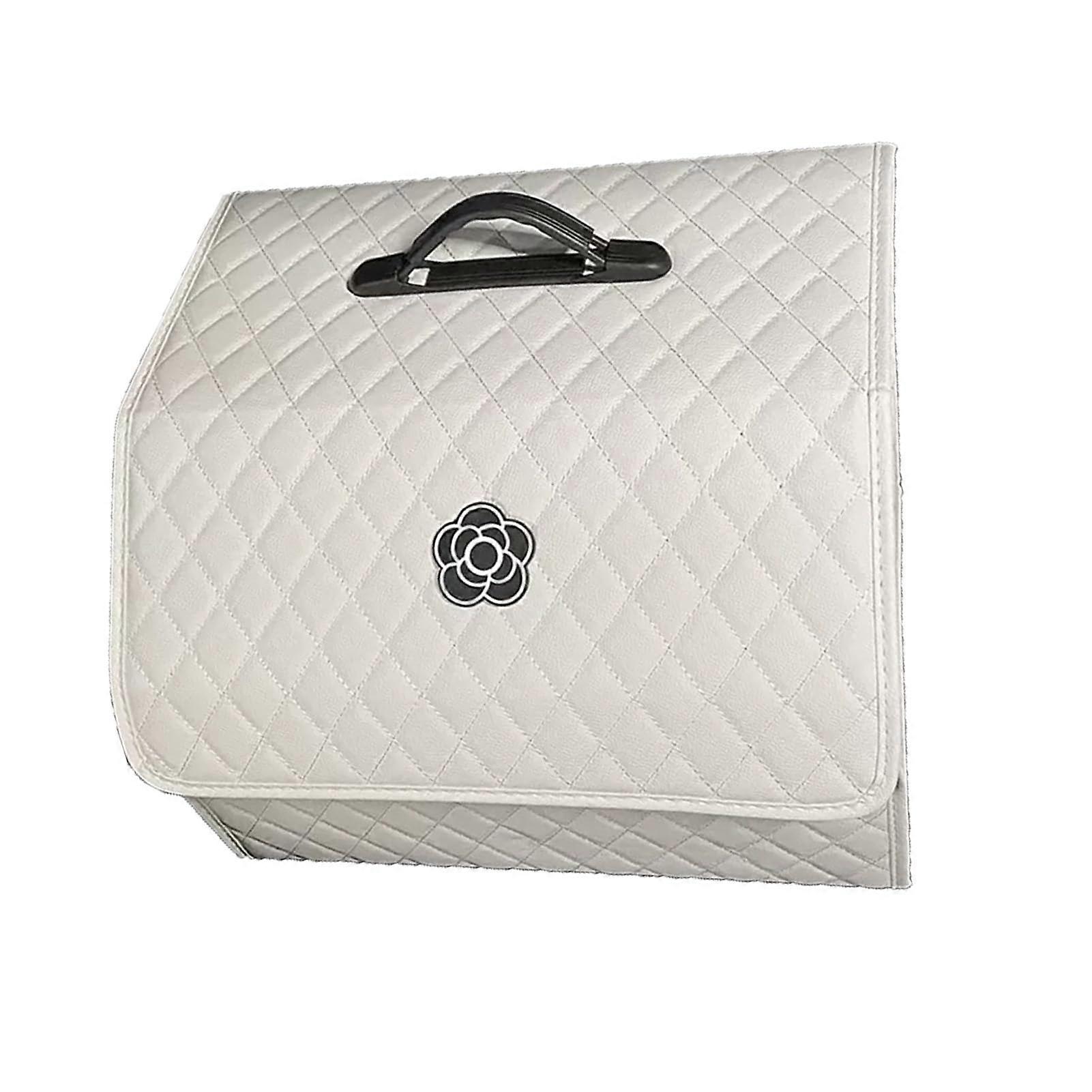 Trunk Storage Organizer Camellia White Capacity Leather With Lid Portable Lightweight Car Trunk Box