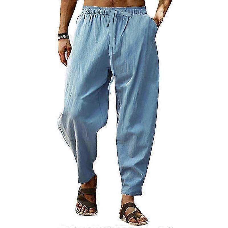 Mens Linen Pants Casual Loose Elastic Waist Trousers