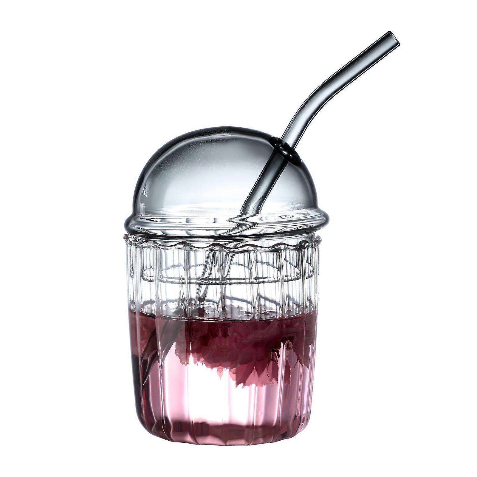Glass Drinking Jar with Lid Straw Reusable Boba Mug for Fruit Juice Drinks Iced Coffee Smoothie Soda Milk, Striped Style Glass, Smoke Gray