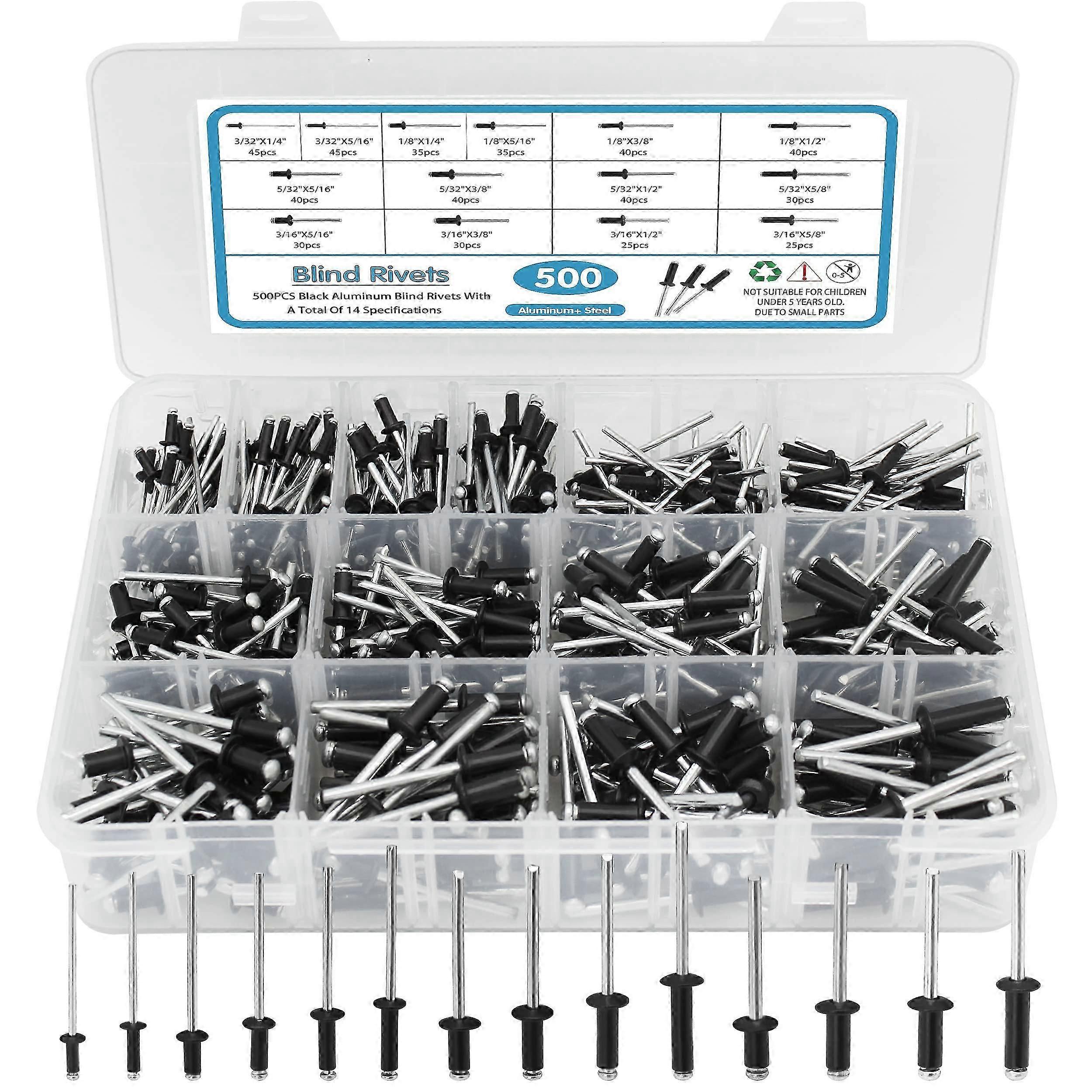 500pcs Black Rivets Pop Rivets Assortment Kit, 14 SAE Sizes Aluminum Rivets (3/32' 1/8' 5/32' 3/16')
