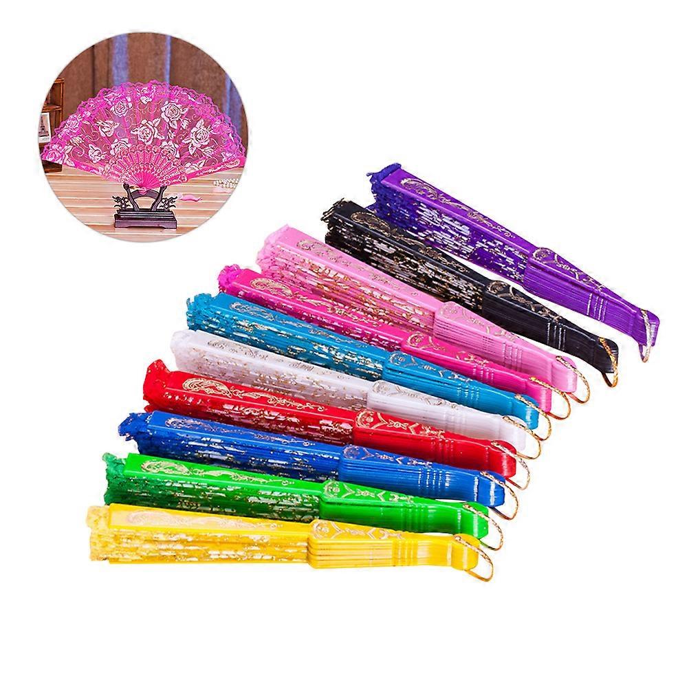 Chinese Style Folding Fan Embroidered Floral Handheld Artistic Prop For Summer Occasions Assorted Color 43 X 25 X 1.5 Cm 10Pcs