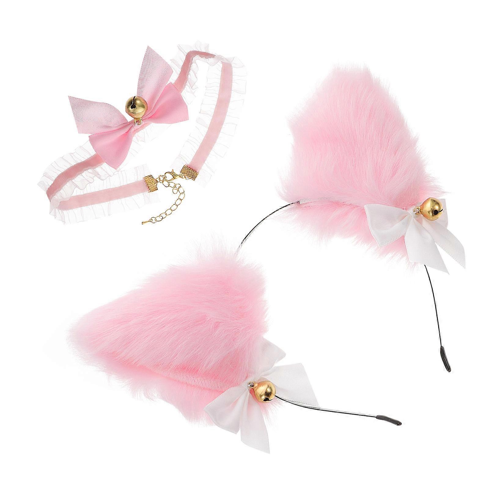 Plush Cat Ears Headband with Bow Tie for Cosplay 1Set Pink Cloth Material