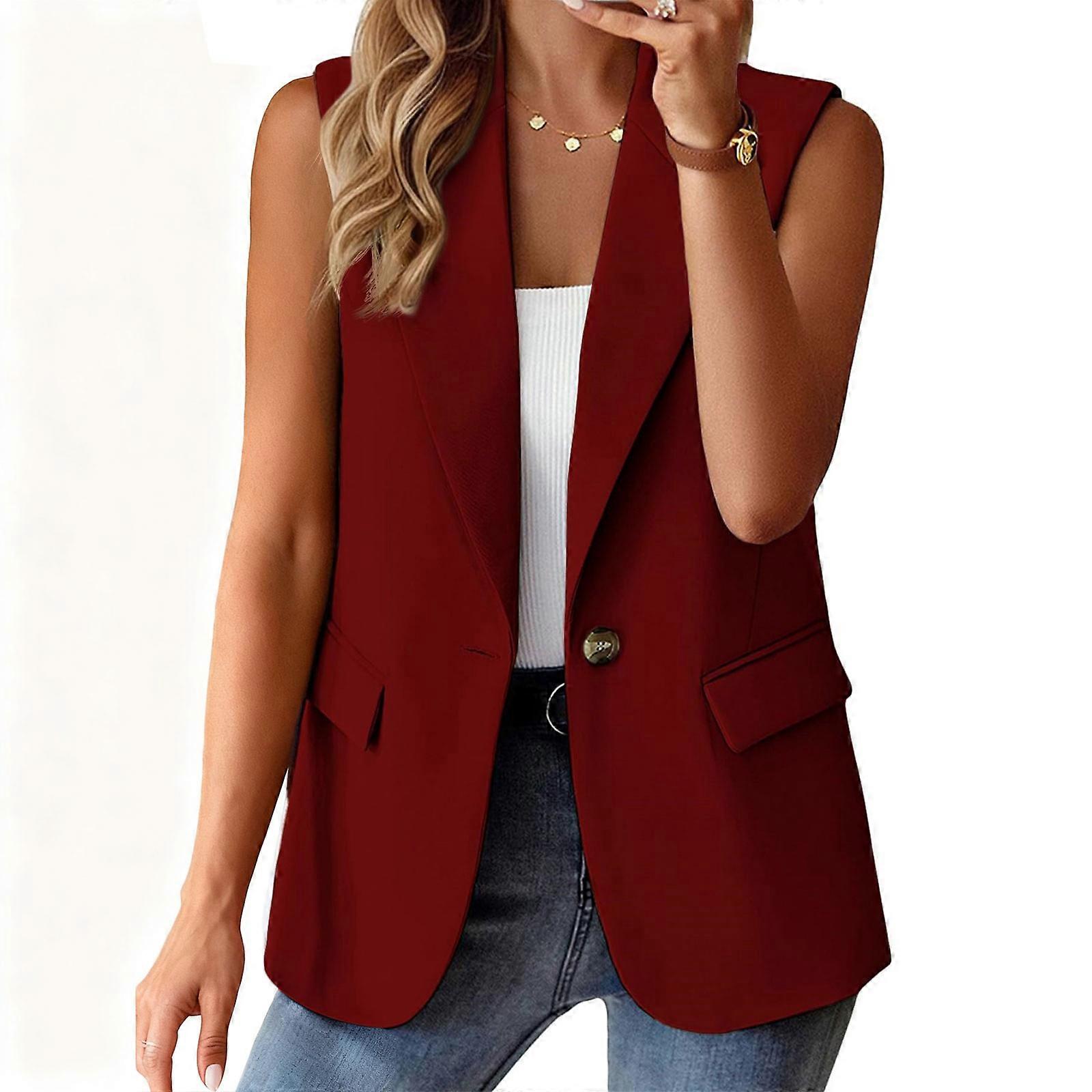 Damska marynarka bez rękawów, w pełni podszyta, modna, do pracy i biura, marynarka z kieszeniami, bordowa, XL