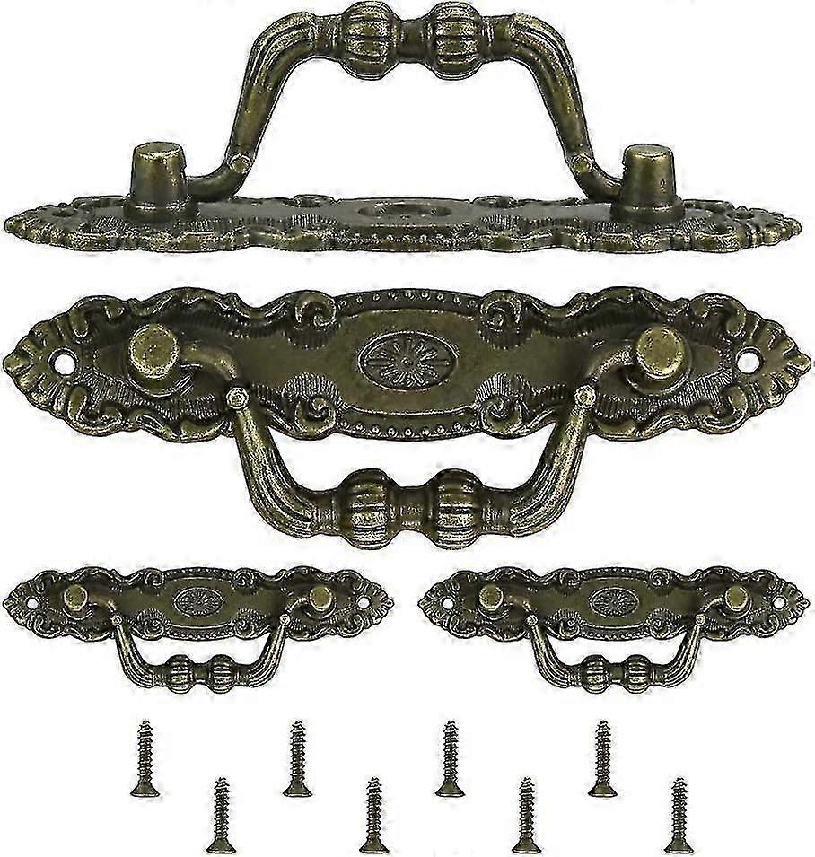 Set of 4 vintage bronze drawer pulls in zinc alloy, includes 8 M2 screws for furniture upgrades