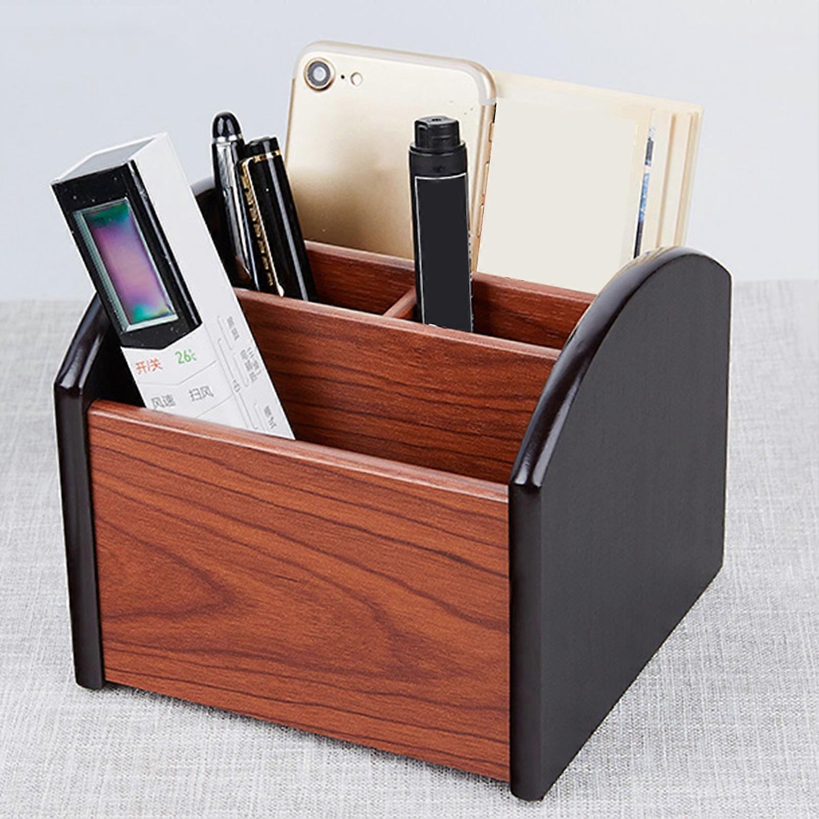 Wooden Desktop Storage Box with 360° Rotation, 4 Compartments for Office/Home, Compatible with Remote Control, Scissors, Phone, Glasses, Brown