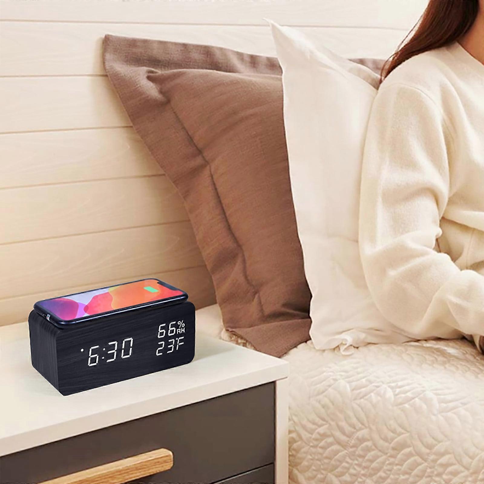 Fast Wireless Charger, Digital Alarm Clock with Wireless Charging Digital Temperature Humidity Monitor Three Alarms Snooze Alarm