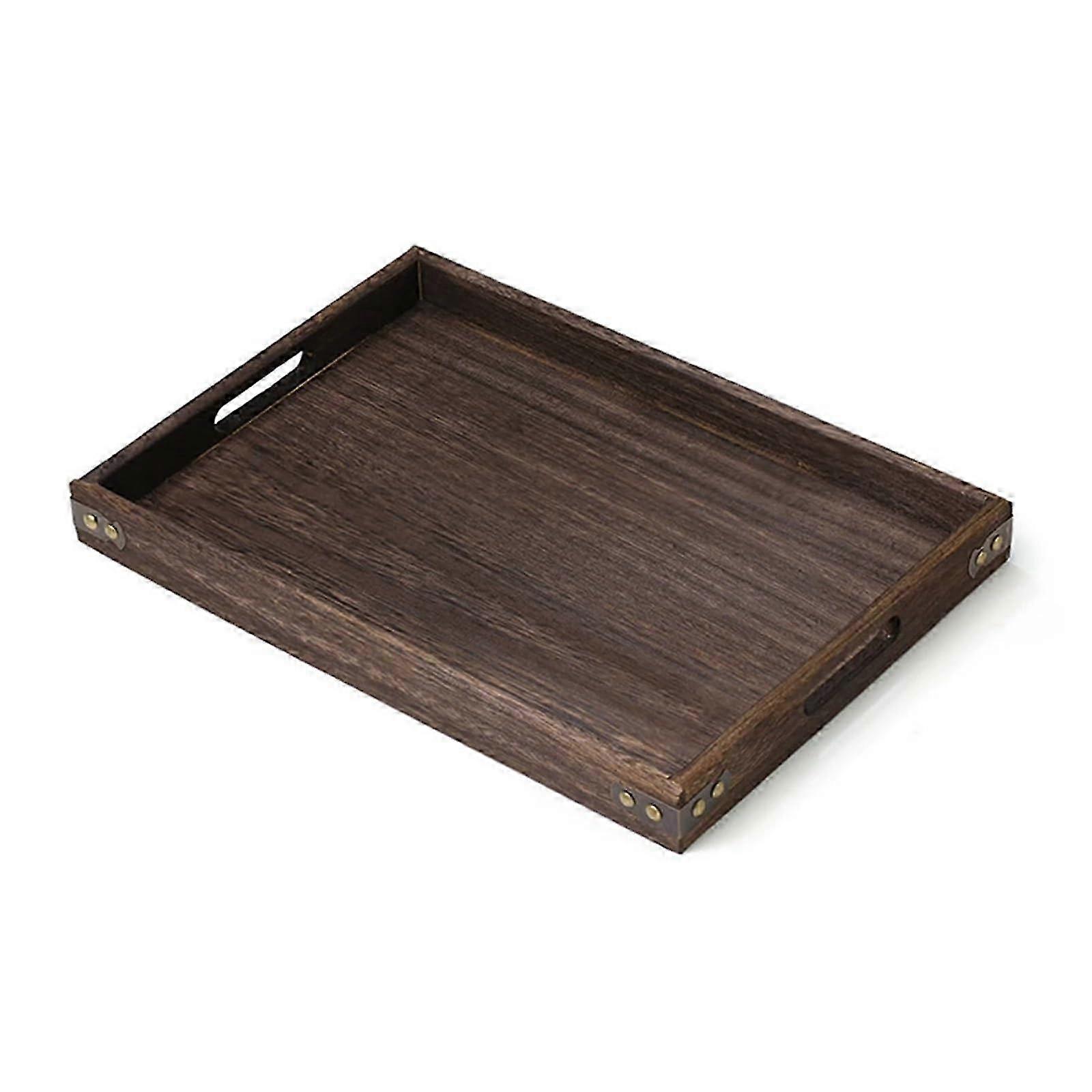 25-26 Rectangular Wooden Tray with Handles for Coffee and Tea Service, Handmade Classic Medium Size Brown Kitchenware