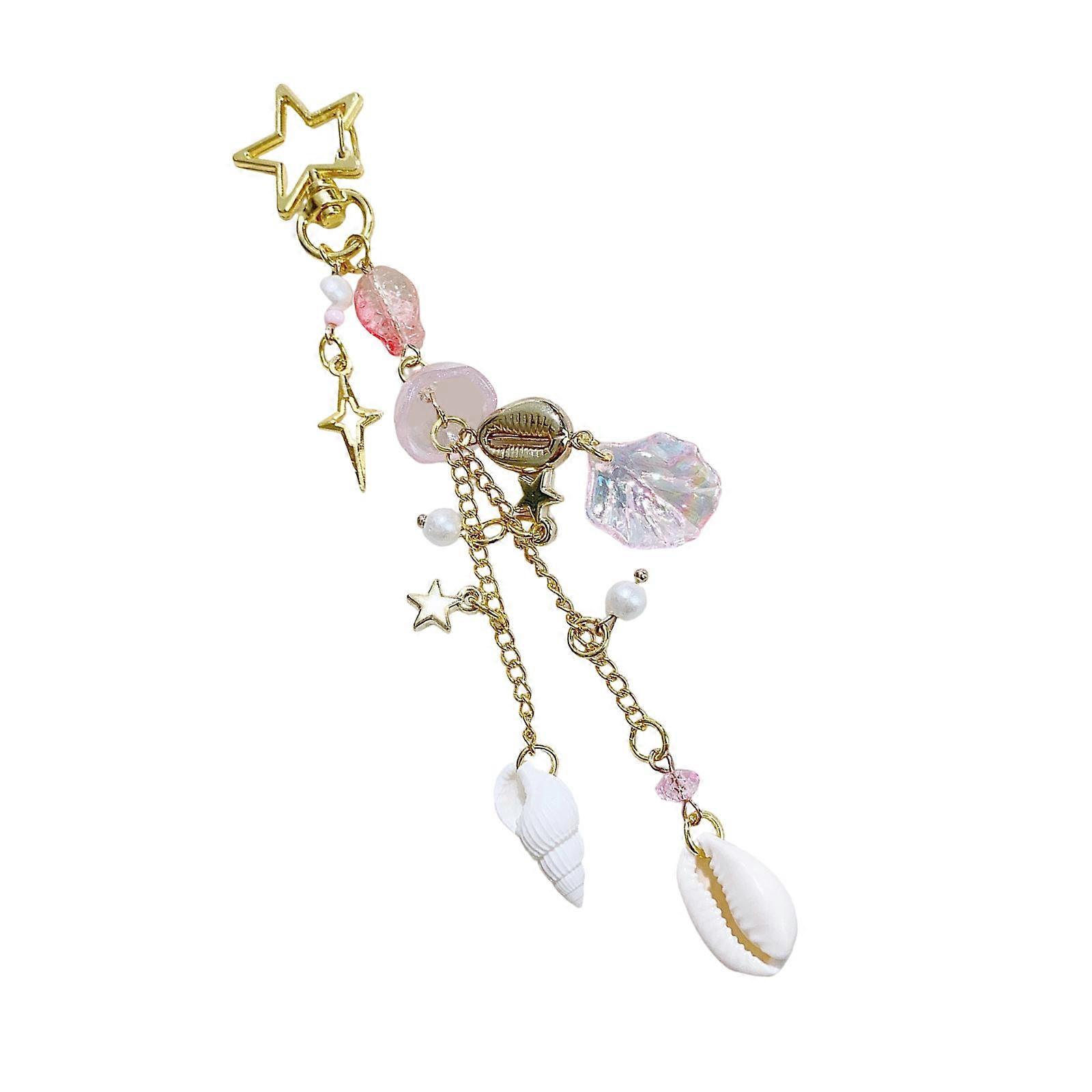 Trendy Ocean Inspired Key Chain Fish Shell Windchime Beaded Keychain Phone and Earphone Case Charm Trendy Accessory  Pink