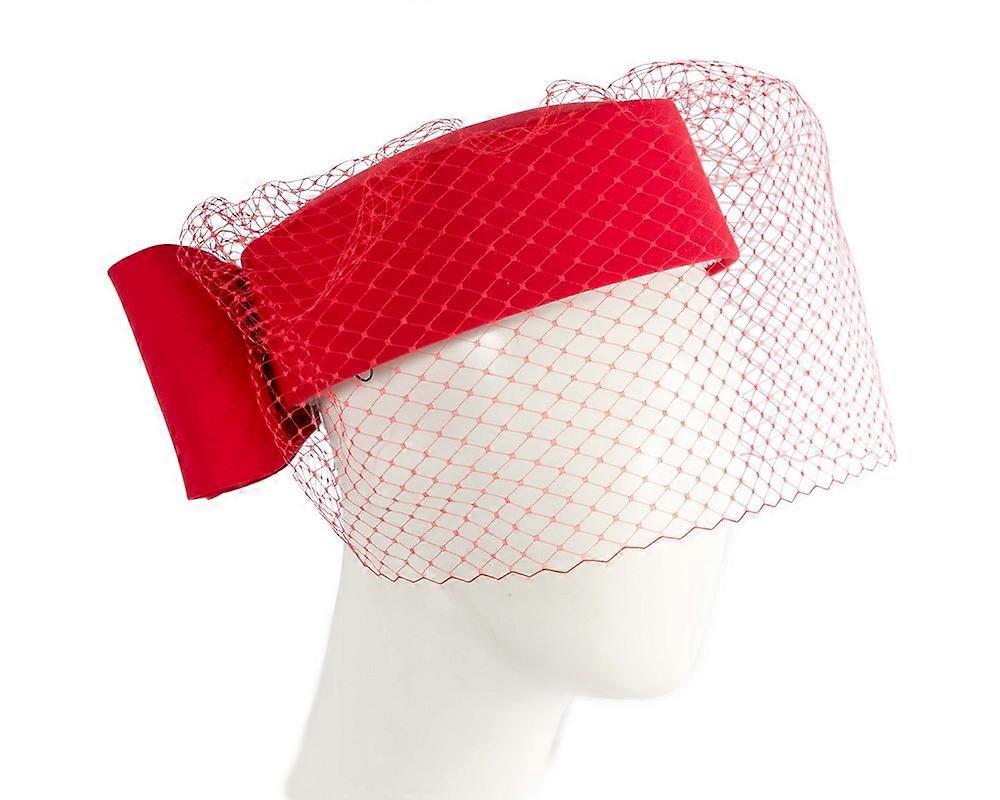 Exclusive large red pillbox hat with veil by Cupids Millinery H5025VR