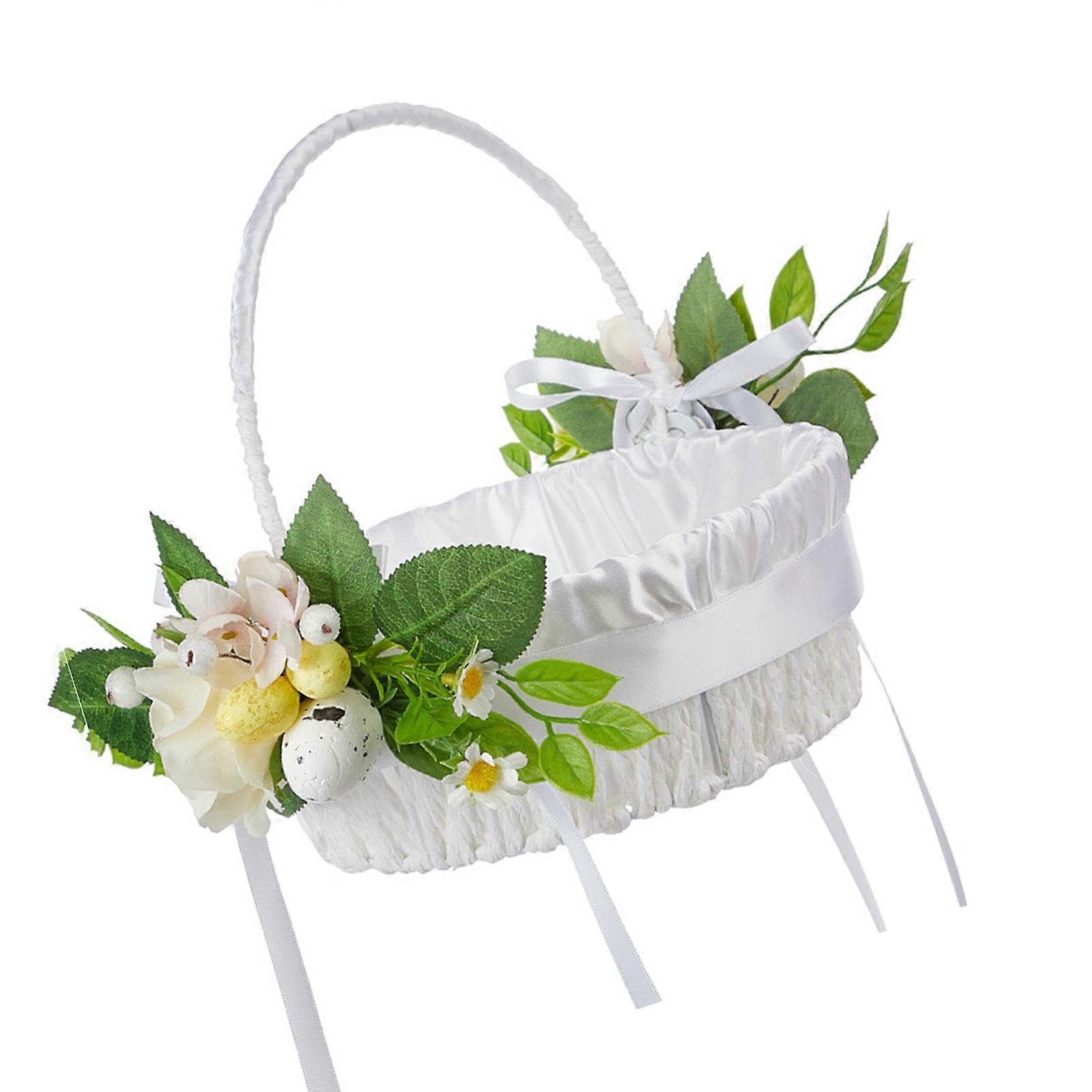 Sărbătoriți coșul de Paște Modele de flori artificiale Coș de picnic țesut din ratan perfect pentru adunarea de sărbători de primăvară alb