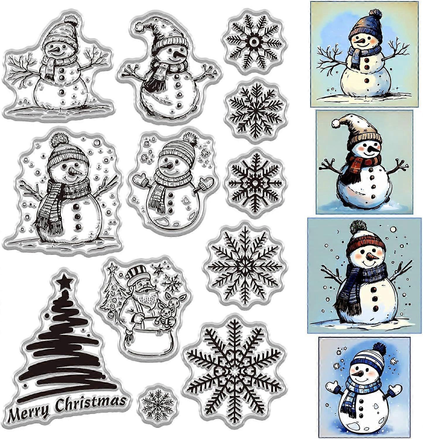 Merry Christmas Snowman Rubber Clear Stamp for Card Making Winter Holiday Pine Tree Snowflake Silicone Reusable Transparent Seal Envelope Journaling D