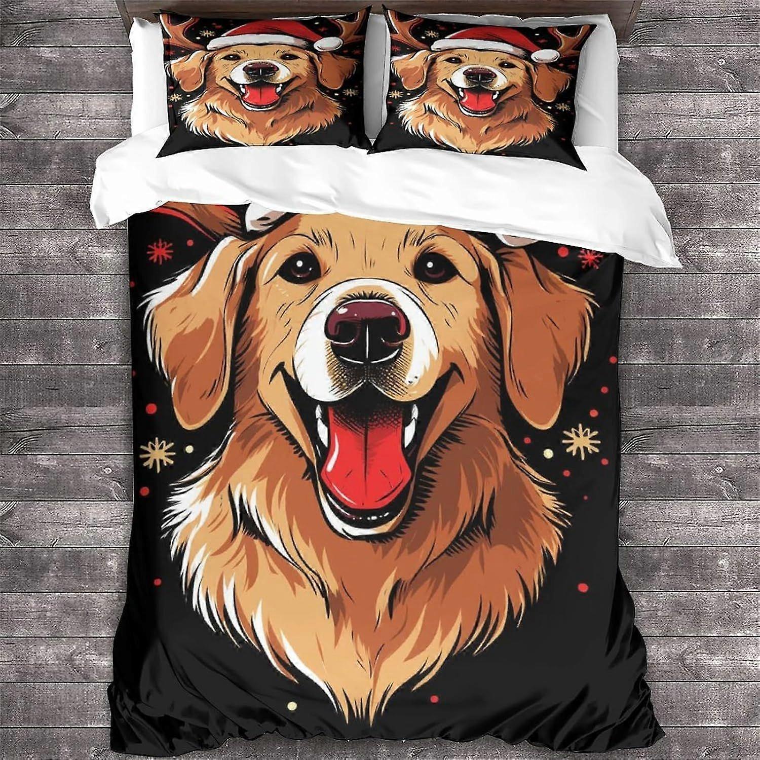 LikeEj zlatý retrívr 3D vánoční povlečení na přikrývku, 100% mikrovlákno psí povlečení s polštářem 3ks povlečení král