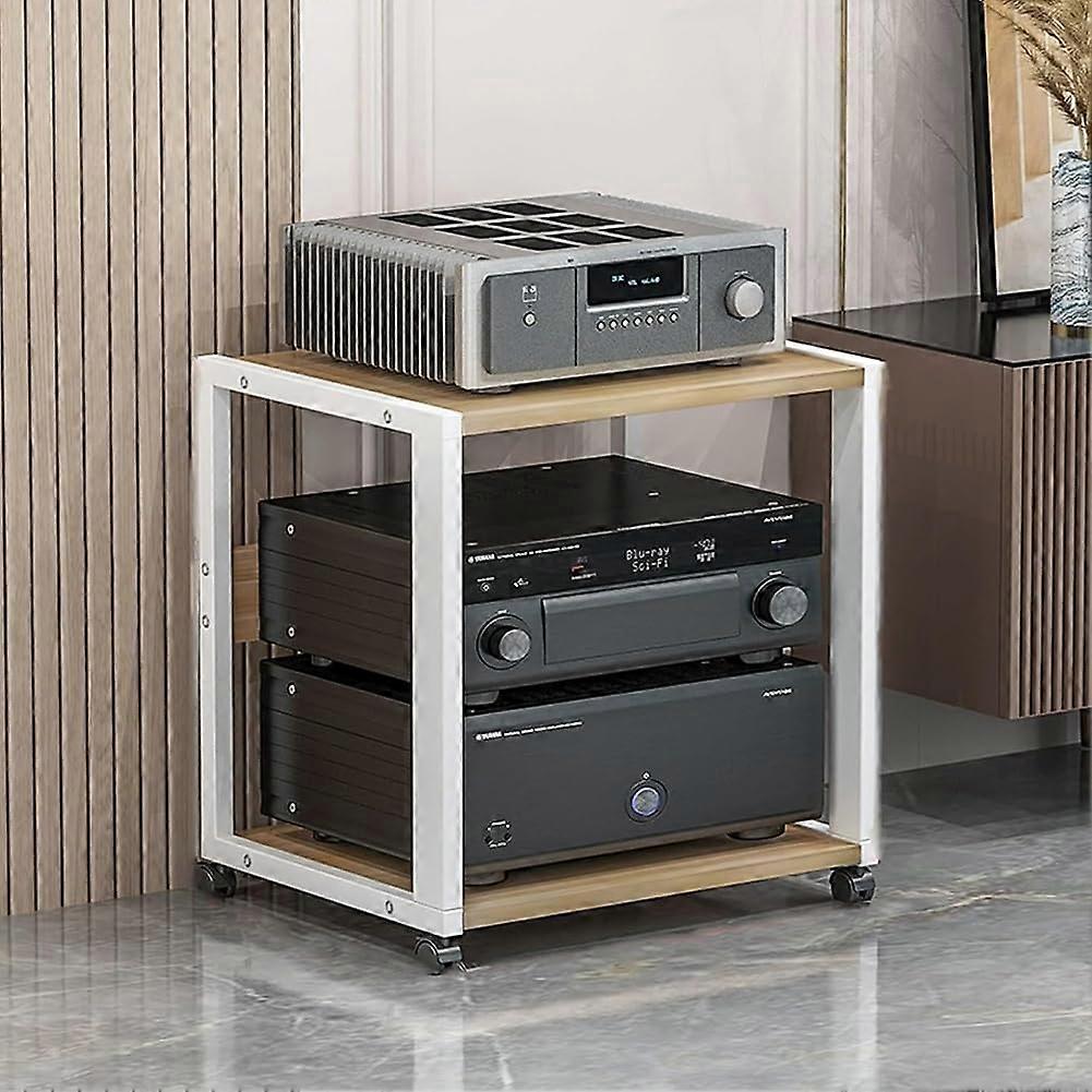 AV Media Stand With Wheels, Rolling Game Console Shelf, White 50x40x49cm, Stereo Audio Component Rack