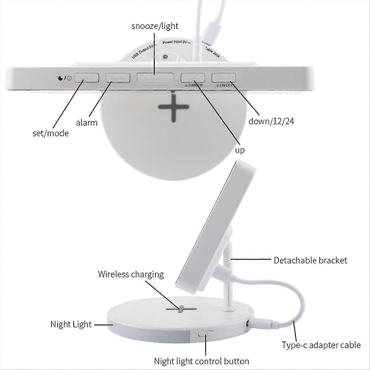 Digital Alarm Clock with Wireless Charging, Mirrored LED Clock White