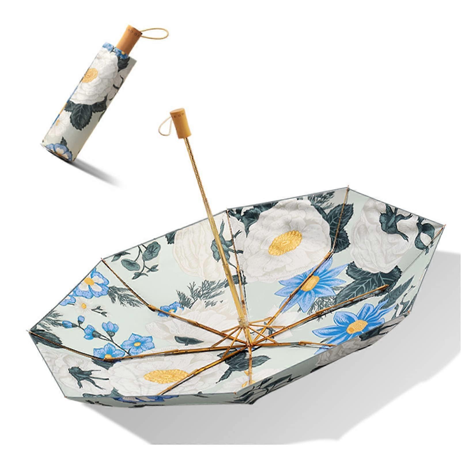 Travel Umbrella Windproof 8 Ribs Double Layer UV Protection Compact Foldable Floral Pattern