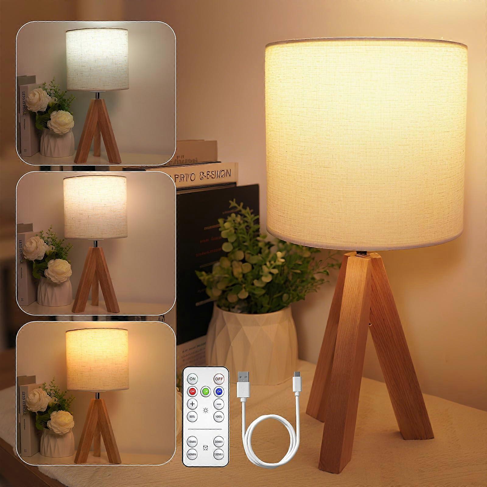 Cordless Wooden Table Lamp with Remote, Rechargeable 3Color Dimmable Light and Timer for Bedroom