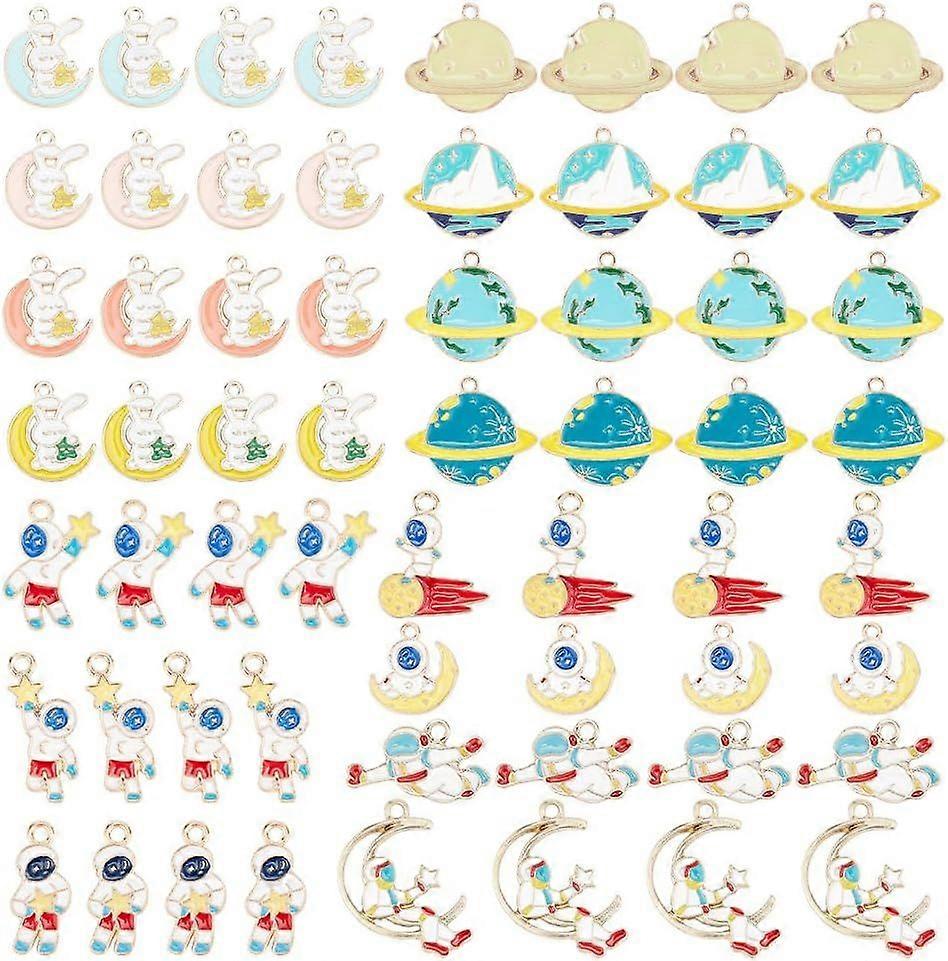 60 Pcs 15 Styles Enamel Astronaut Space Charms Assorted Planet Moons Star with Rabbit and Spaceman Pendants Universe Celestial Charms for Bracelets Ne
