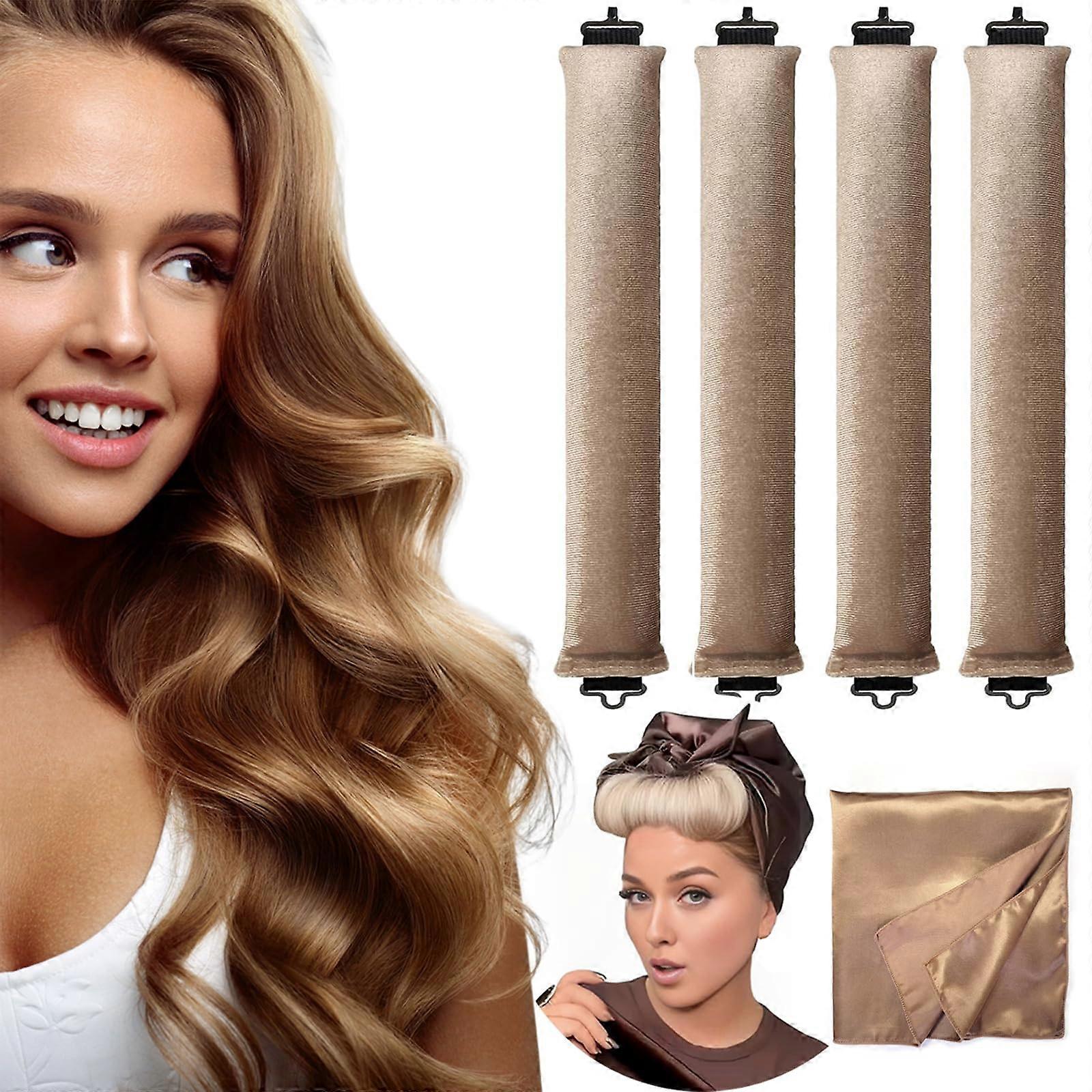 Heatless Curlers Velvet Soft Foam Hair Rollers with Hook Closure for Overnight Waves (4pcs Khaki)