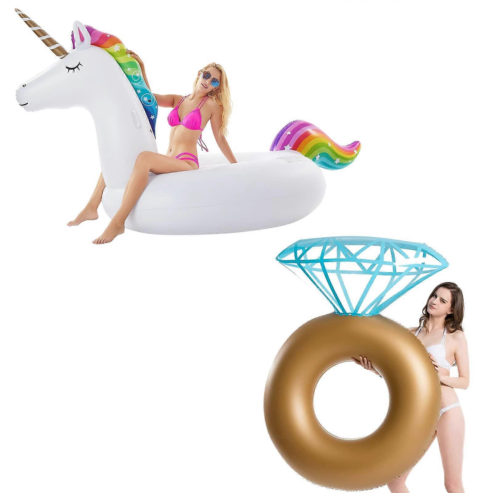 Giant Unicorn Pool Float with Fast Inflation Valves and Diamond Ring Float for Bachelorette Party