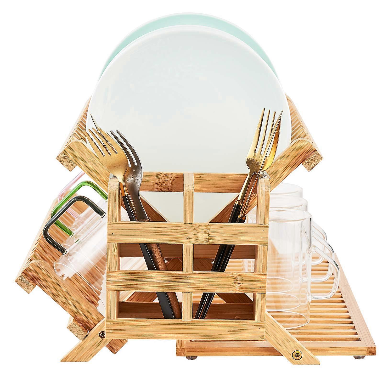 Bamboo Dish Drying Rack 3Tier Large Foldable with Removable Utensil Holder for Kitchen Counter
