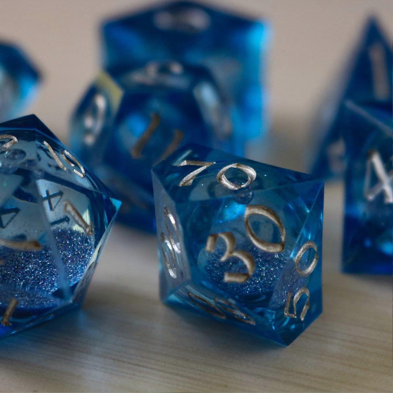 Blue Glitter Liquid Core Resin Dice Set Sharp Edge Handmade for DND RPG with Storage Box