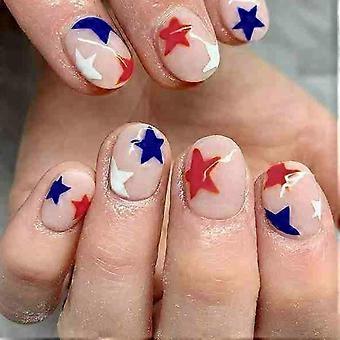 Short Square Press on Nails Pink with Red and Blue Stars Reusable Fake Nails for Independence Day 24pcs