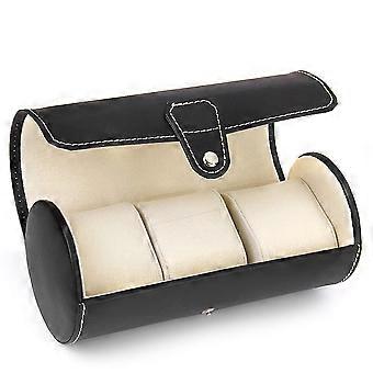 Portable PU Watch Storage Box for Watch Display with 2Pcs 3-Compartment Black