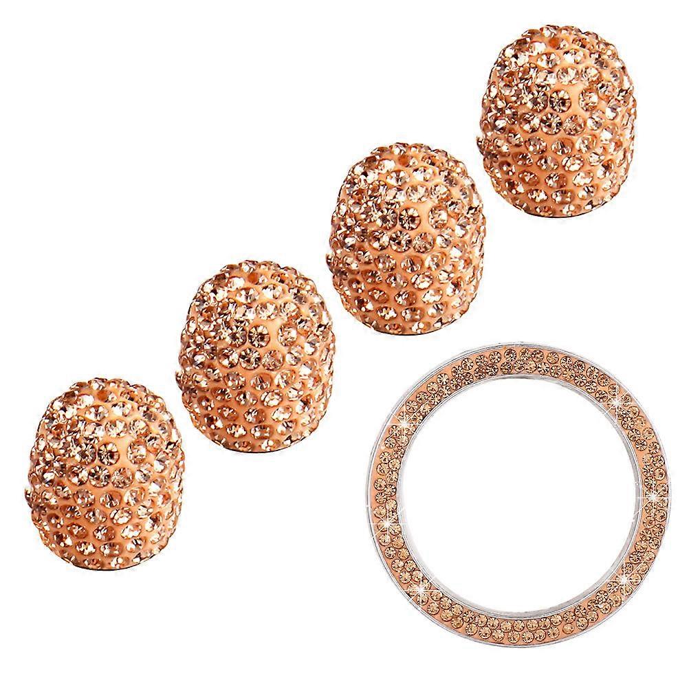 Golden Car Stem Cap Including Ignition Button Ring for Dust Protection 5Pcs Set