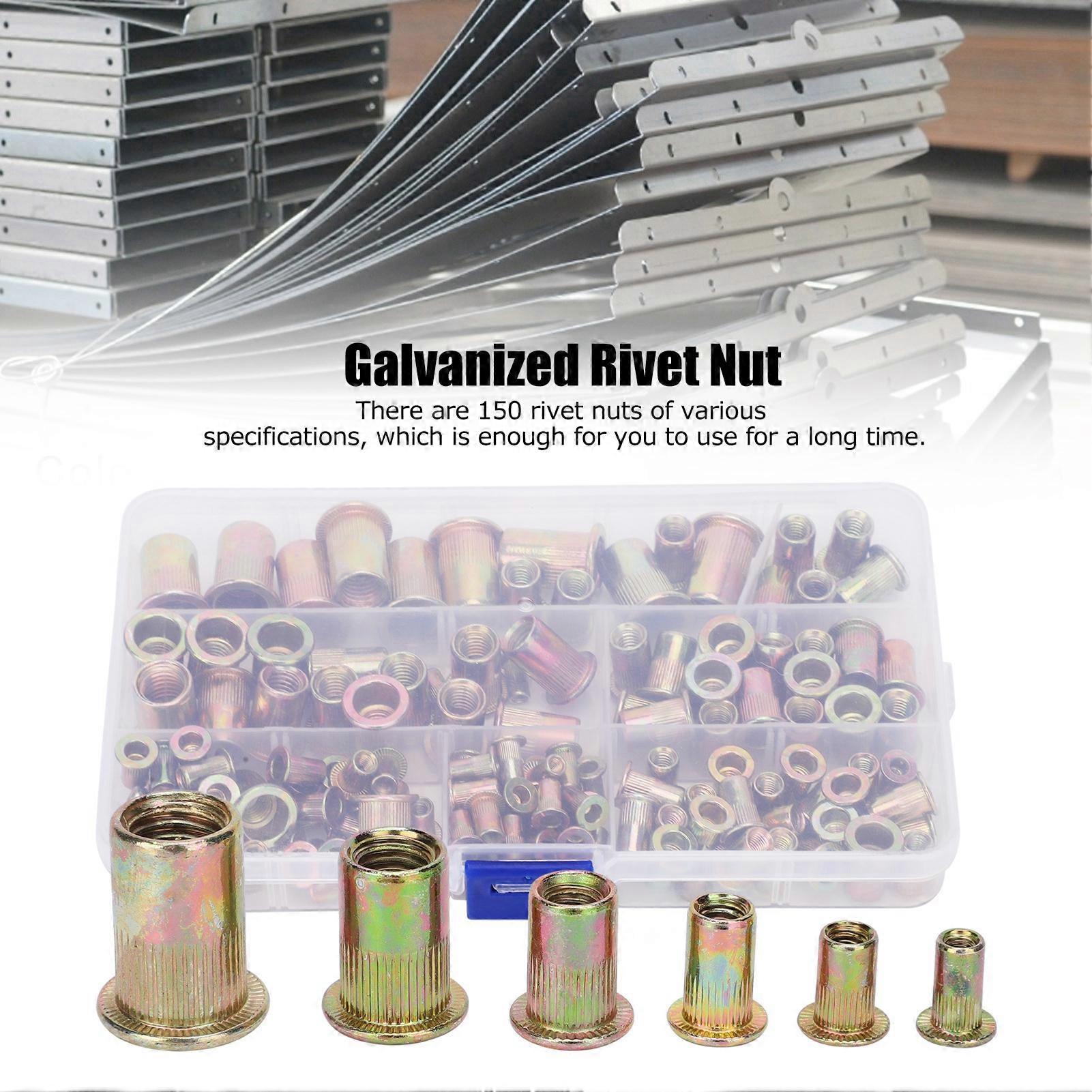 150pcs Galvanized Rivet Nut Set Mixed Insert Fastener Rivet Nut Threaded Hardware Parts