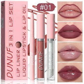 3-in-1 Lipgloss Set, Nude Pink Lipliner Long Lasting Waterproof Lip Stick Non-fading Full-Coverage Highly Pigmented Lip Stain Shiny Lip Gloss Set, Gif
