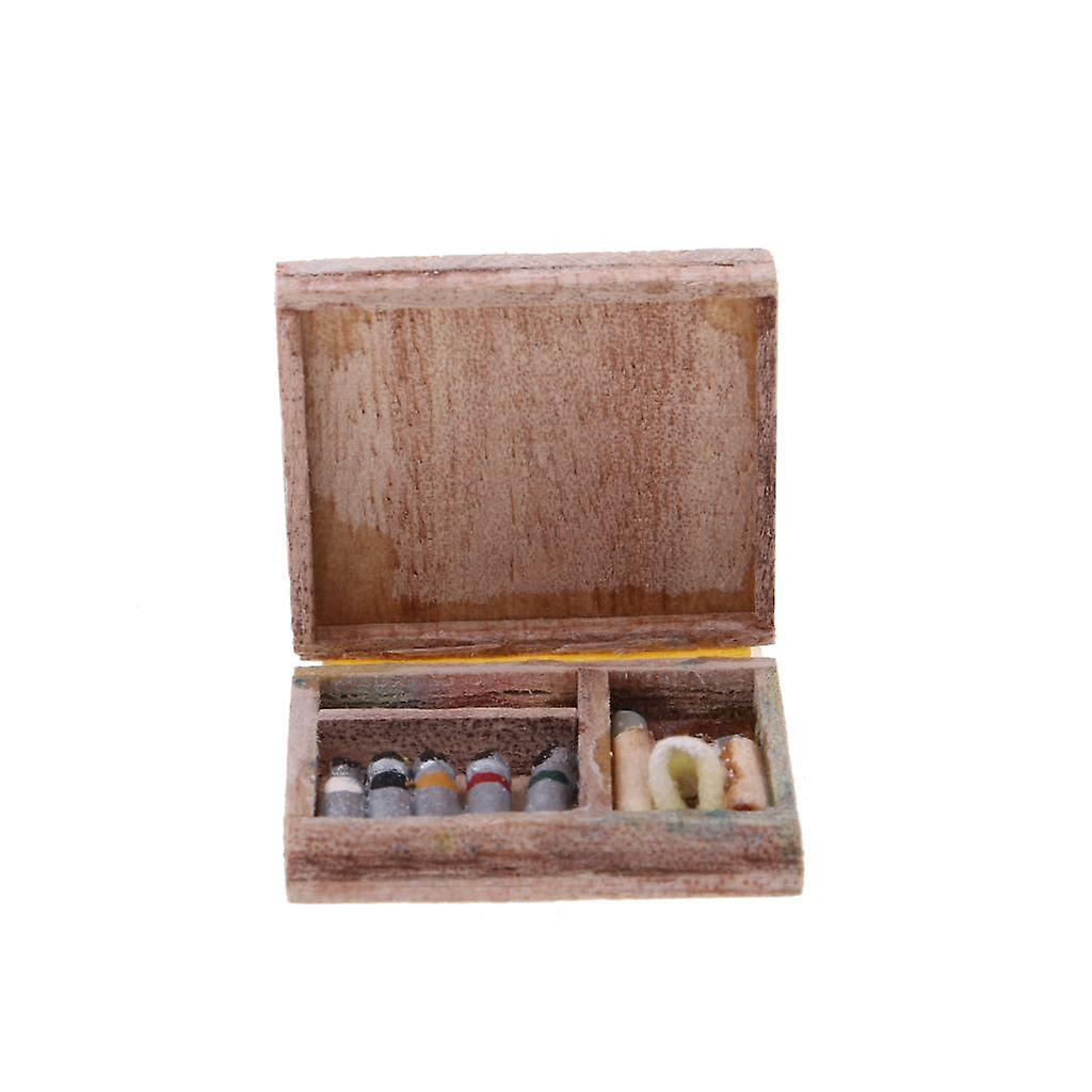 1/12 Scale Dollhouse Miniatures Accs Wooden Watercolor Paint Tool Box Set