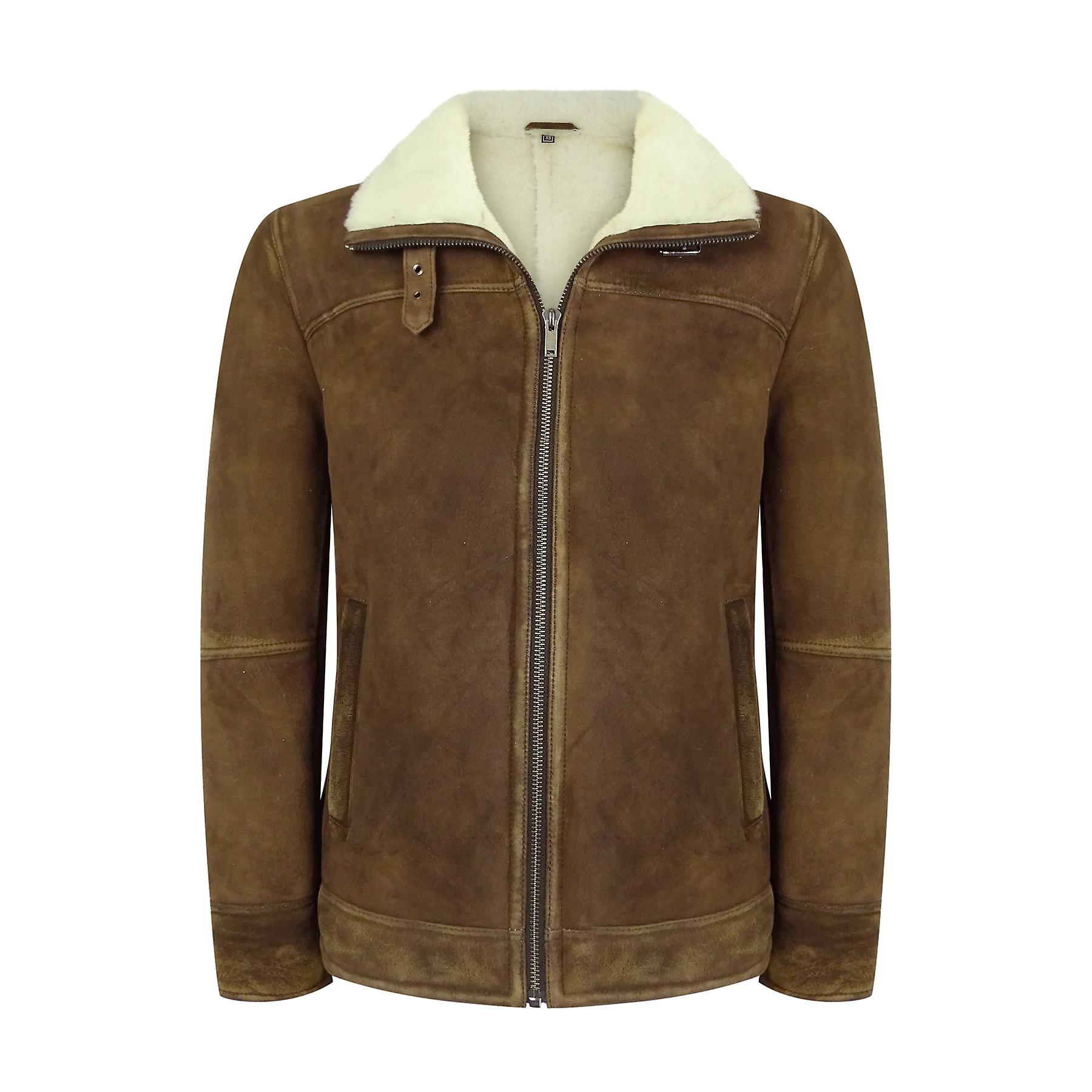 Men's Real Sherling Sheepskin Suede Jacket Vintage Zip Flying Pilot WW2