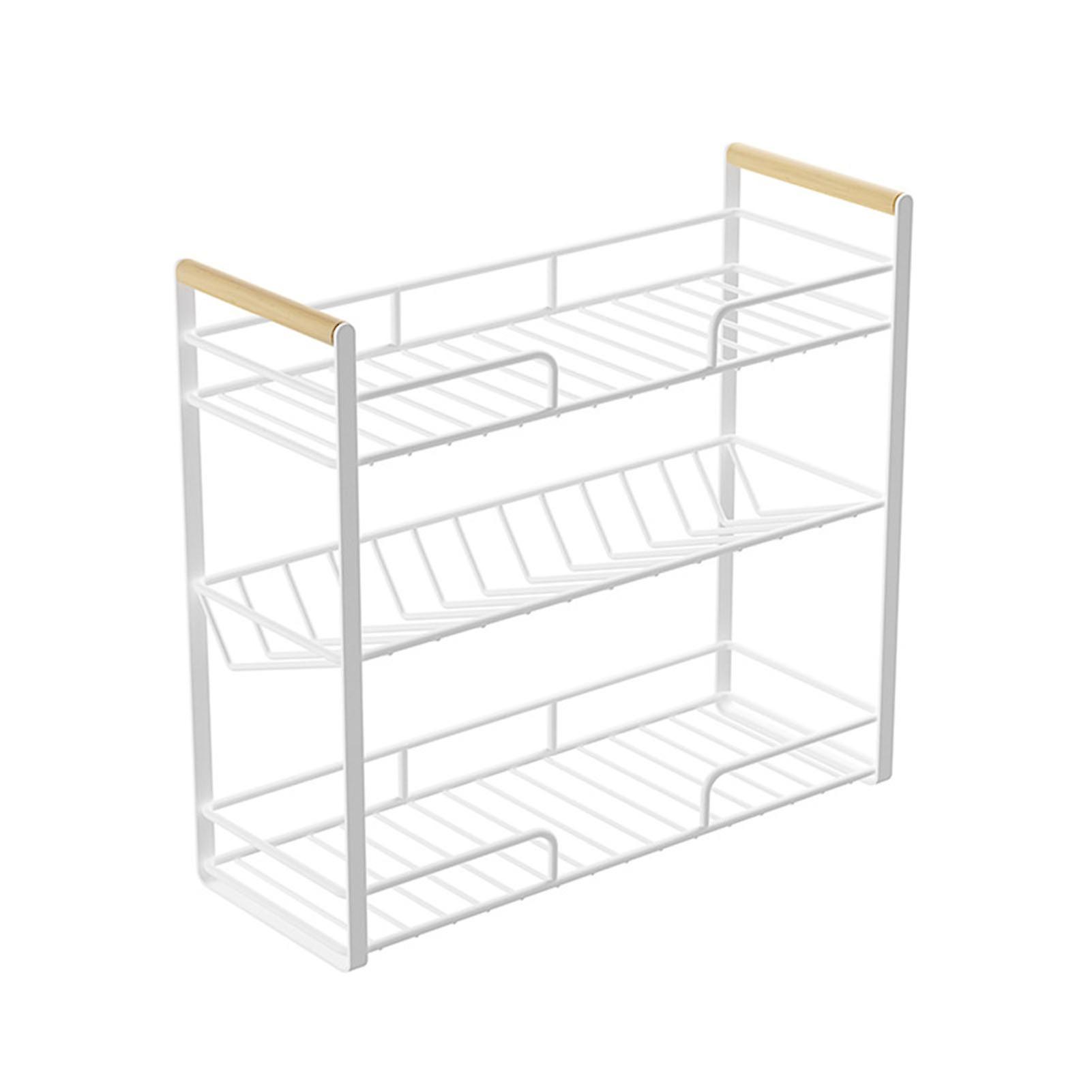 Kitchen Desktop Storage Rack Carbon Steel Beechwood Multifunctional 3 Layer Countertop Organizer for Spice White