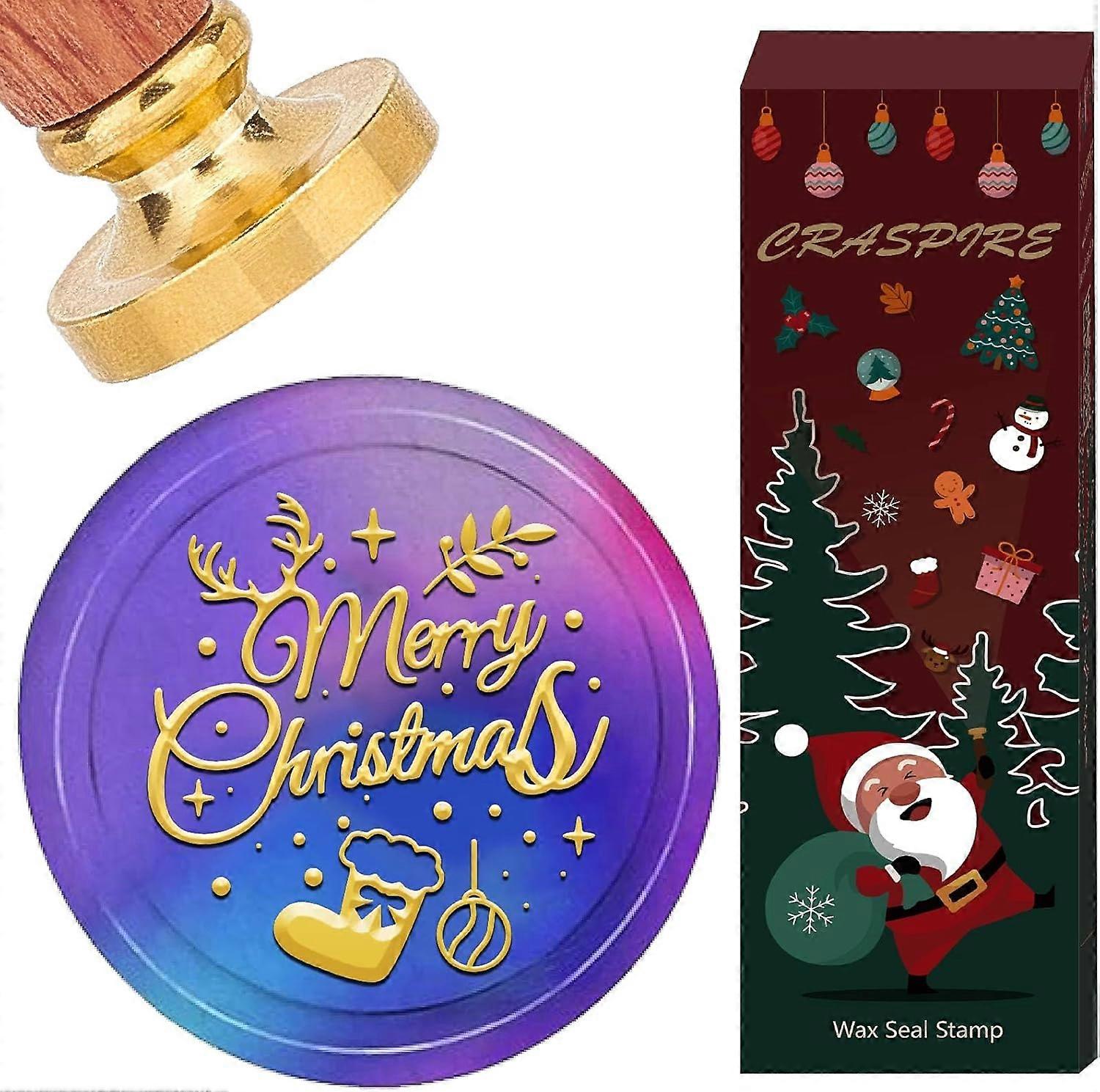 Merry Chirstmas Wax Seal Stamp 30mm Removable Brass Head Xmas Stocking Sealing Wax Stamps with Wooden Handle Vintage Retro Seals Elk Antler Leaf for H