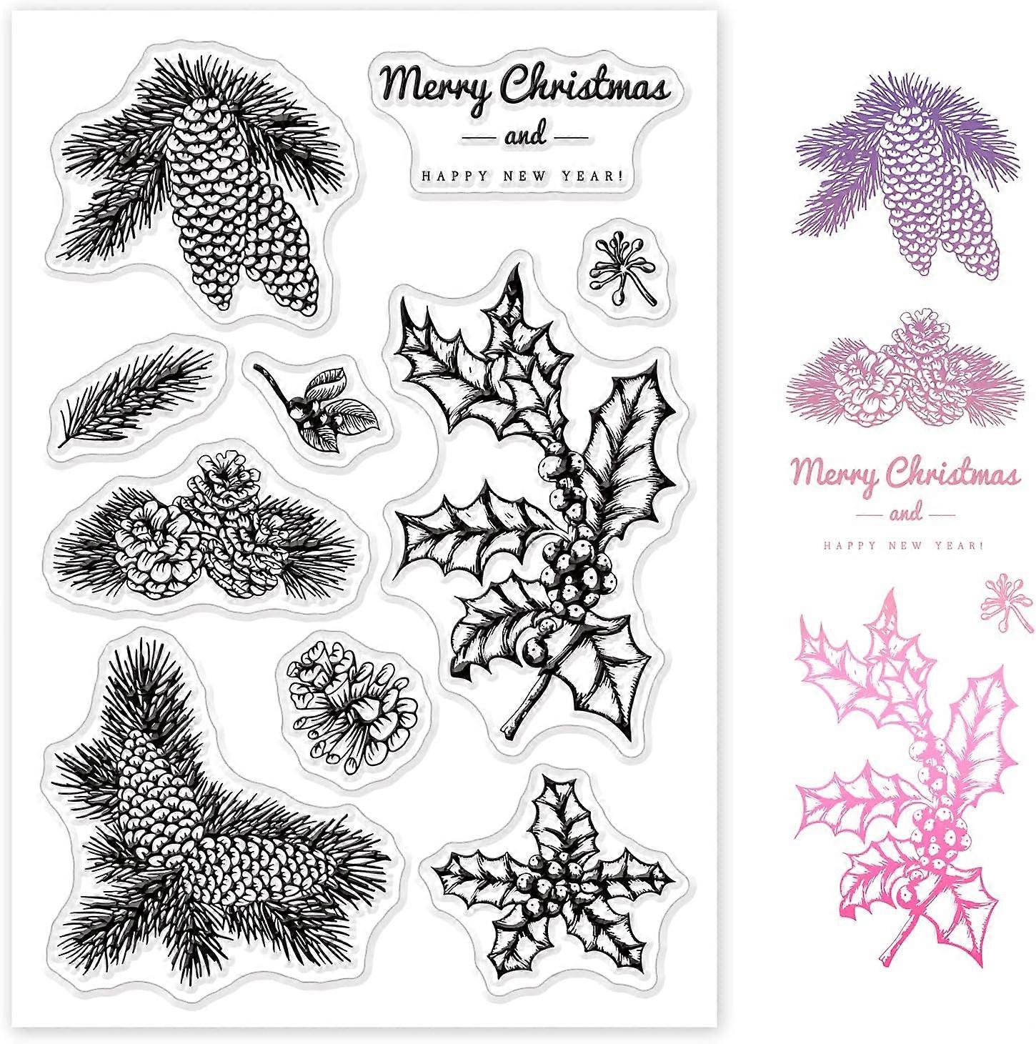 Pine Cones and Holly Leaves Silicone Clear Stamps with Merry Christmas for Cards Making DIY Scrapbooking Photo Album Decoration Paper Craft 6.3x4.3 In