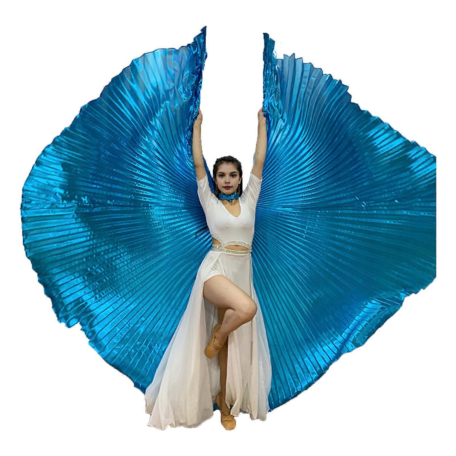 1 Set Performance Cape with Telescopic Rod 360 Degree Belly Dance Wings Egyptian Costume Pleated Bright Color Luster Surface Halloween Performance Pro