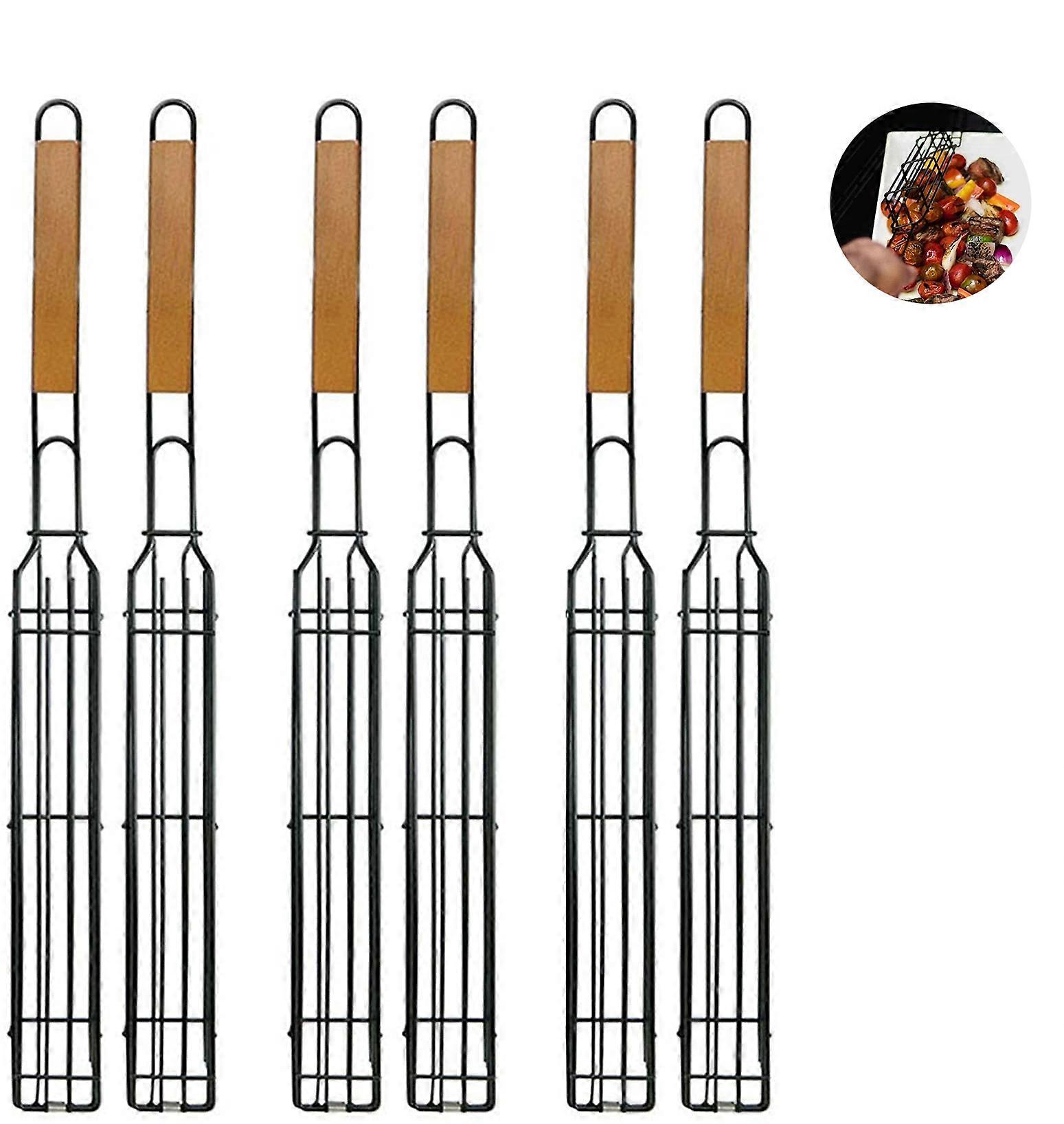 Barbecue Grill Basket Non-Stick Single Kabob Kebab Baskets BBQ Skewers Square Grill Mesh with Wooden Handle for Fried Vegetables Sausage Meat 2Pcs