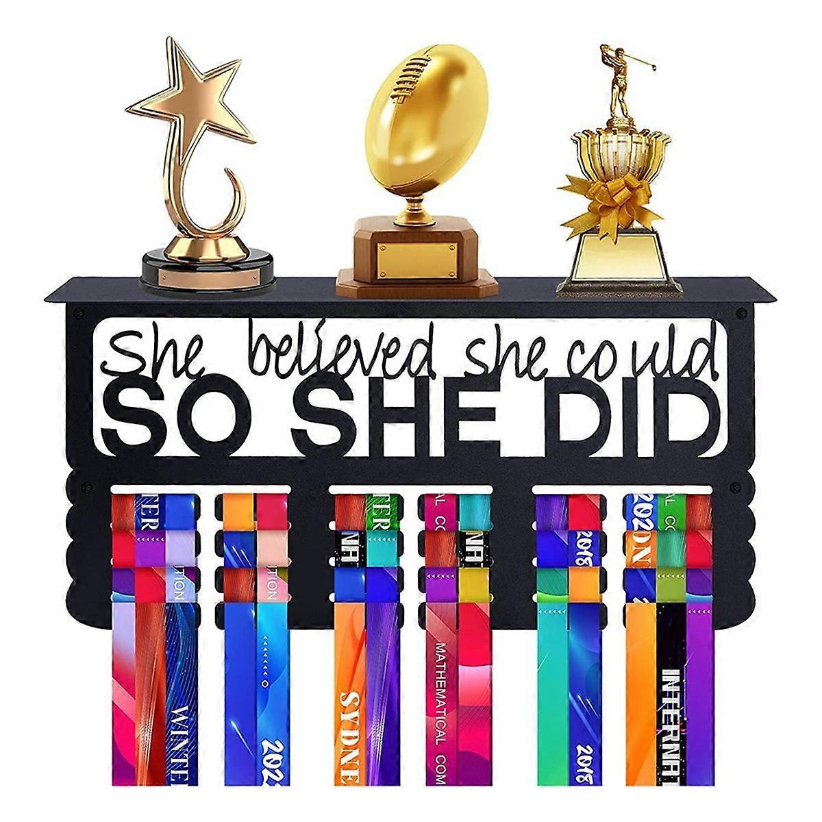 Never Give Up Medal Hanger Display with Shelf - Easy Install Carbon Steel Trophy and Medal Display