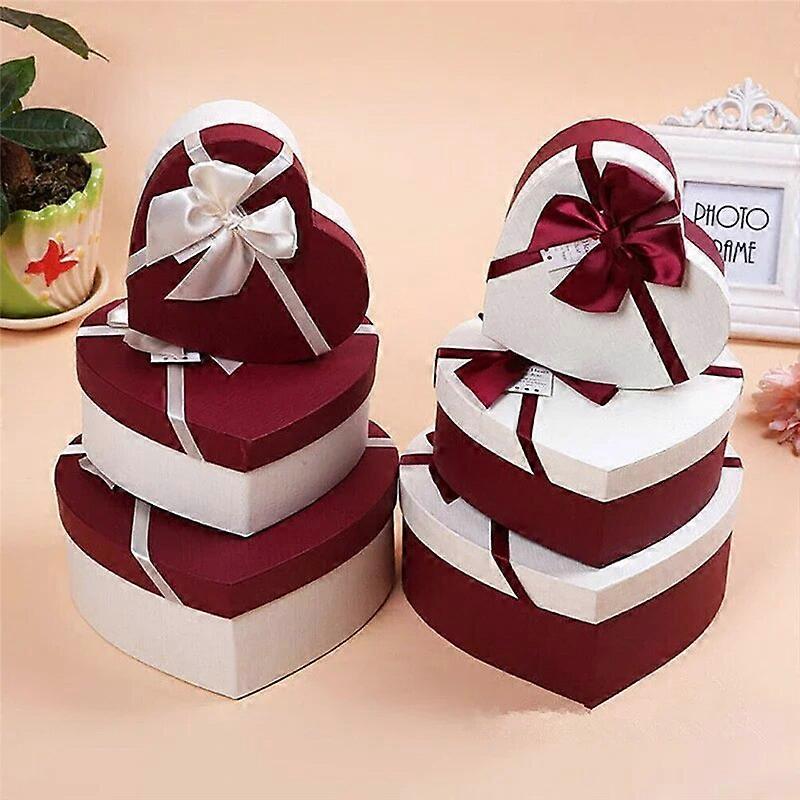 Bow Knot Heart Shaped Gift Packaging Box Red White Weeding Party Decor 3Pcs/set