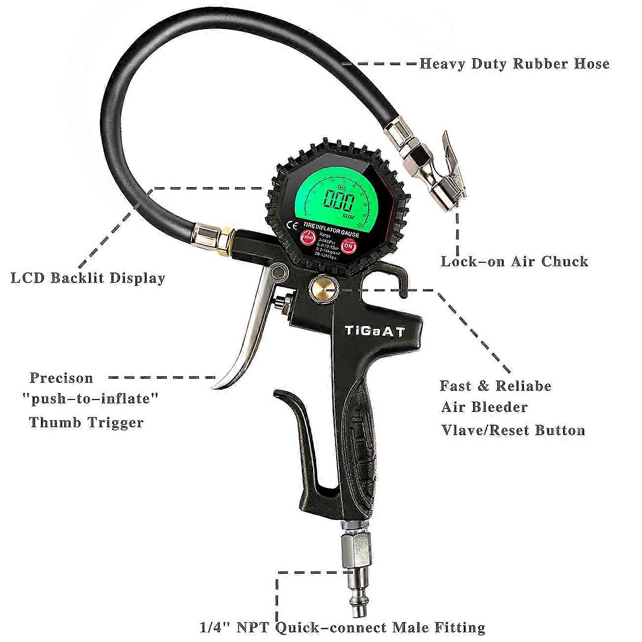 Digital Tire Gauge Inflator, 200 Psi Tire Inflator Air Chuck Compressor Accessories With 360 Rubber Hose For Auto Bike Rv Truck Car And Motorcycle (gr