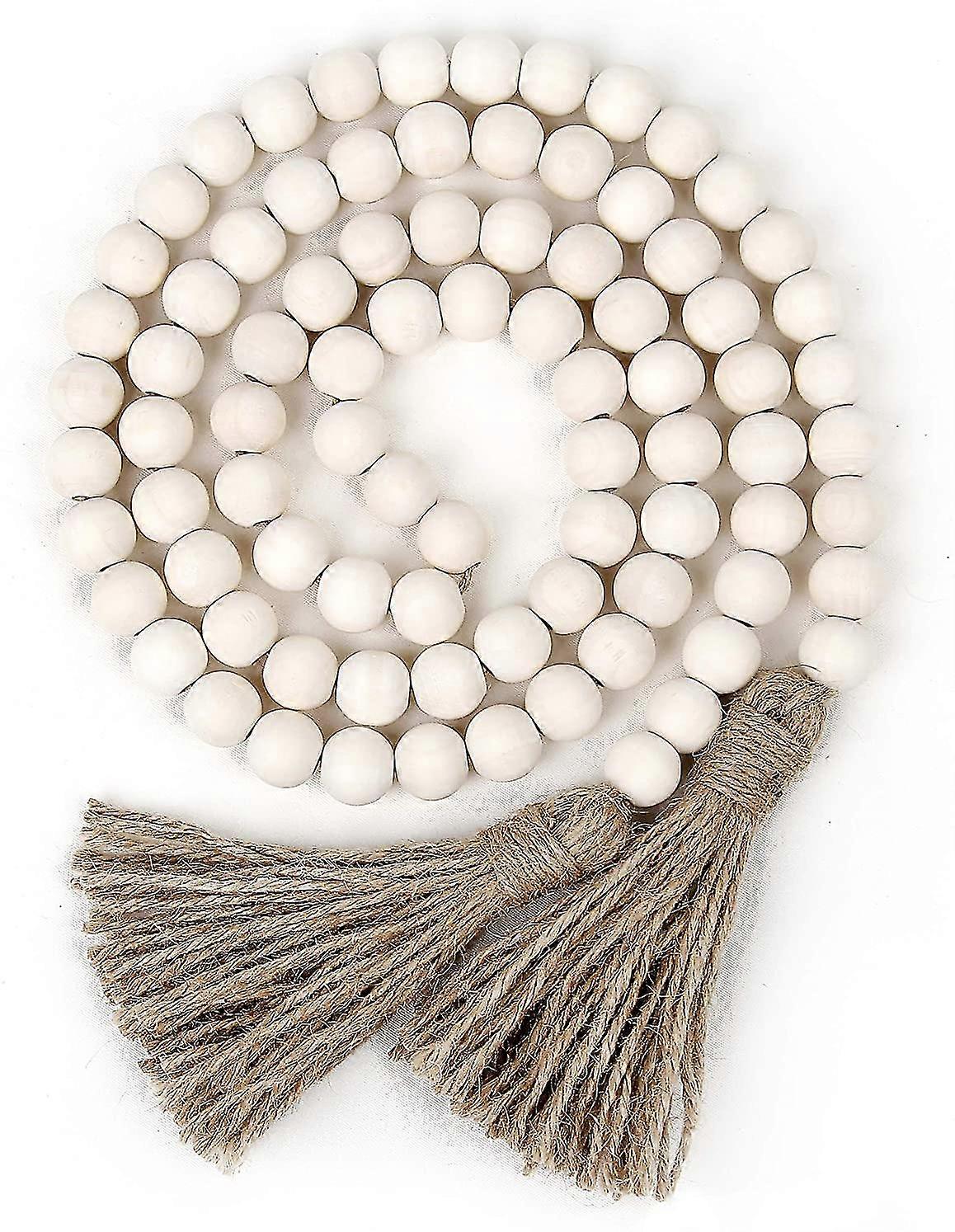 58 英寸木珠花环带流苏，农舍珠子质朴乡村装饰祈祷波西米亚风珠壁挂装饰（自然）